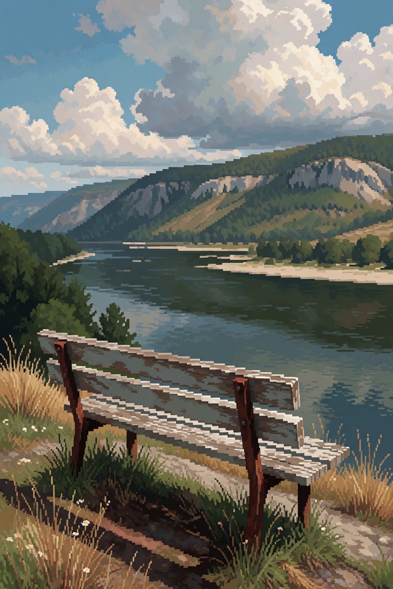 p1x3lr,  View from behind a weathered wooden bench positioned on the crest of a steep grassy slope,  the bench's slatted b...
