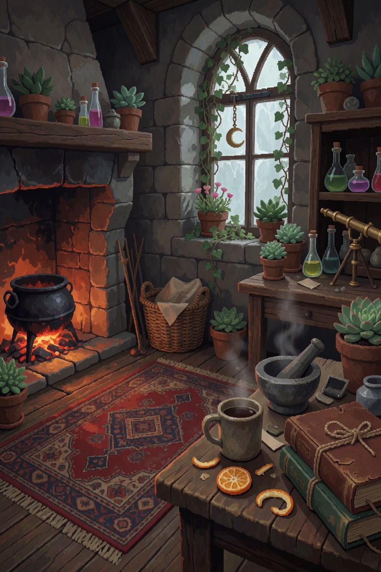 p1x3lr,  Wide view from the doorway looking into a stone-walled sorceress chamber with a dark wooden floor covered by a wo...