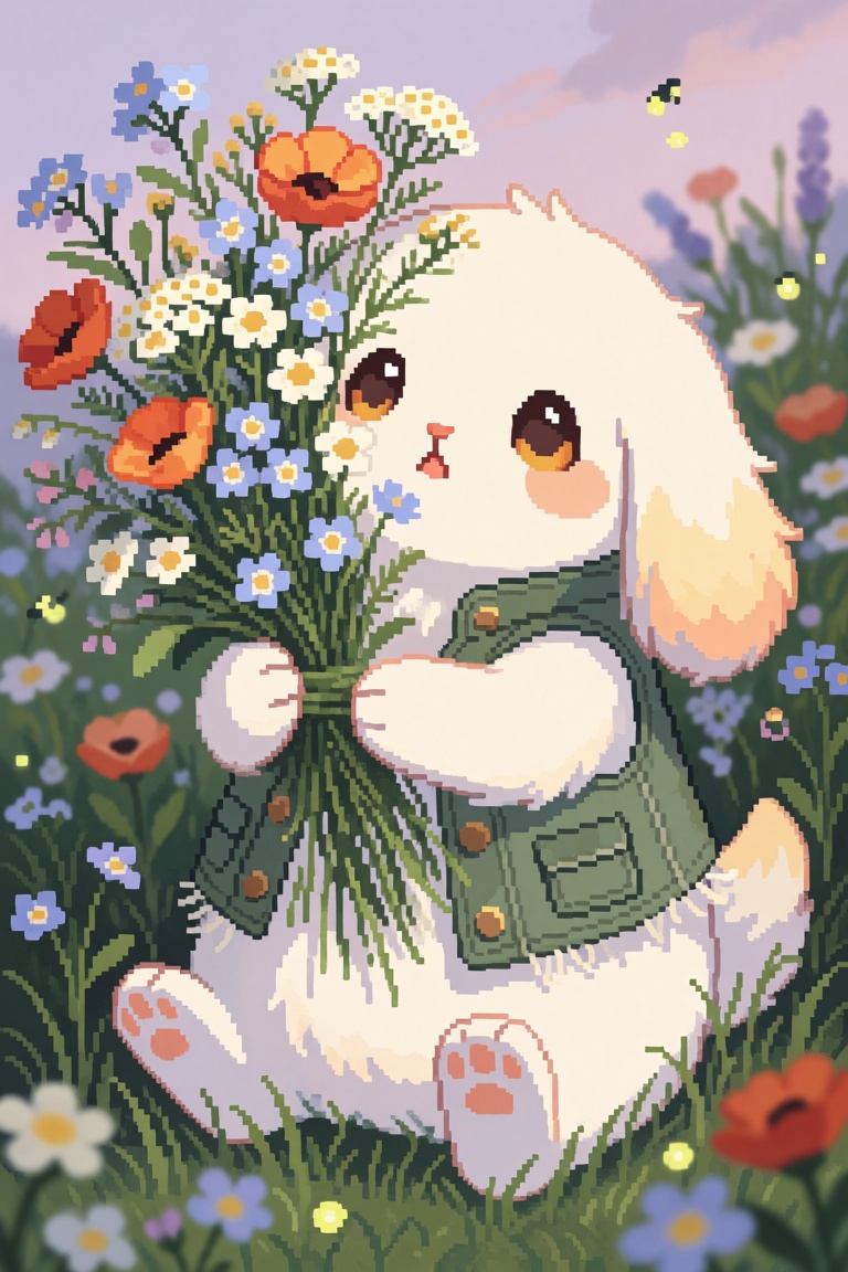 p1x3lr,  Knee-up portrait from a slight low angle,  a fluffy white creature with long silky fur and floppy ears tipped wit...