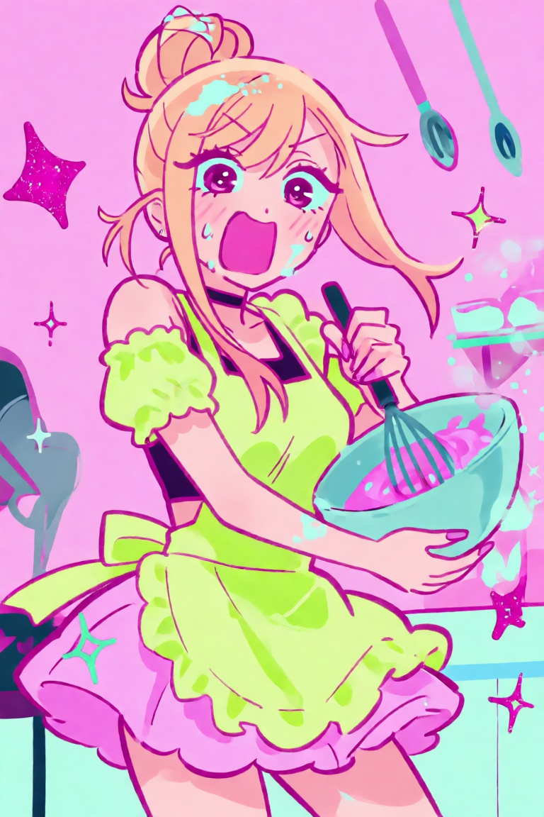 A vibrant,  hyper-stylized anime illustration featuring Marin Kitagawa in a chaotic baking disaster,  rendered in the maxi...