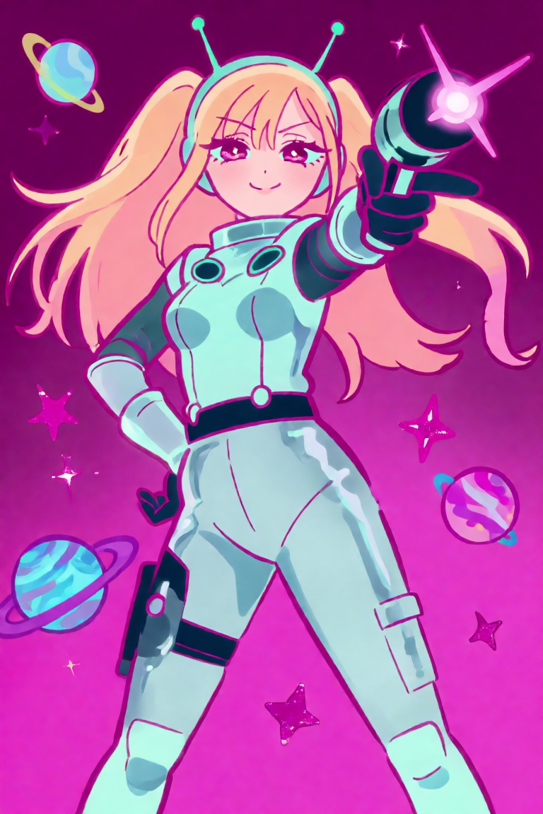 A dynamic,  full-body anime illustration of Marin Kitagawa dressed in a chaotic,  retro-futuristic alien cosplay on Tensor...