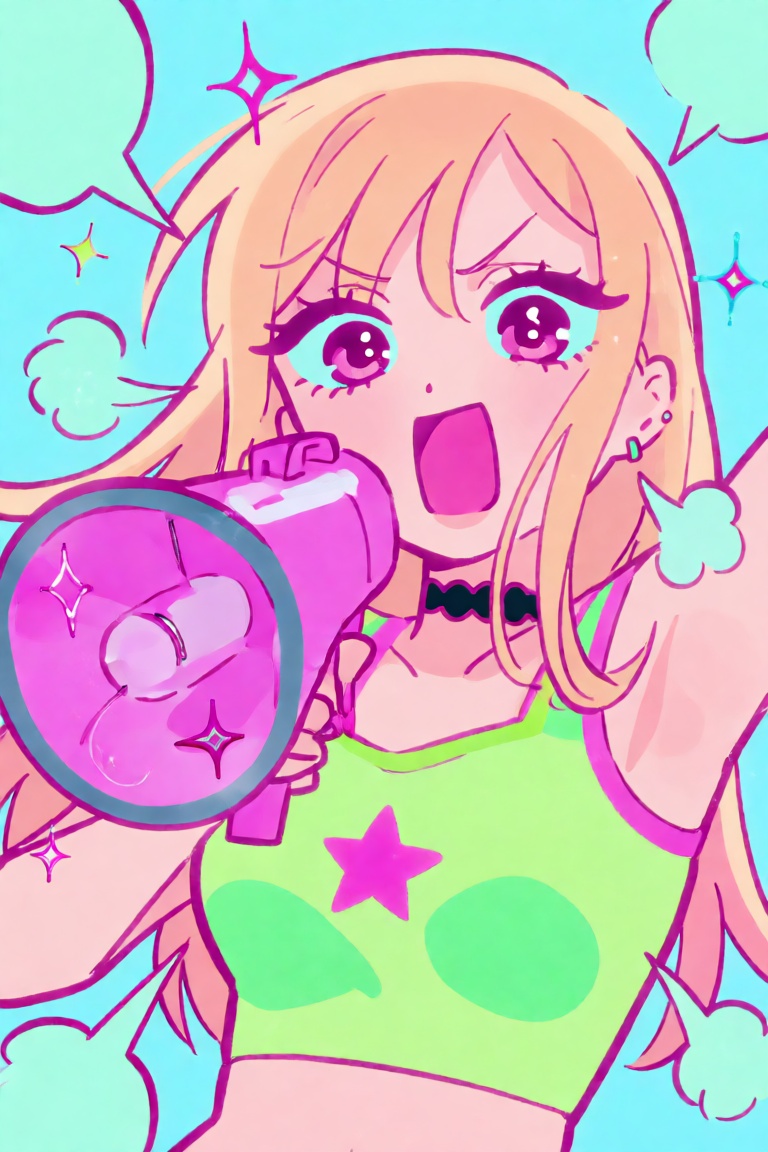 An extreme close-up anime illustration of Marin Kitagawa passionately ranting about her latest favorite anime,  rendered i...