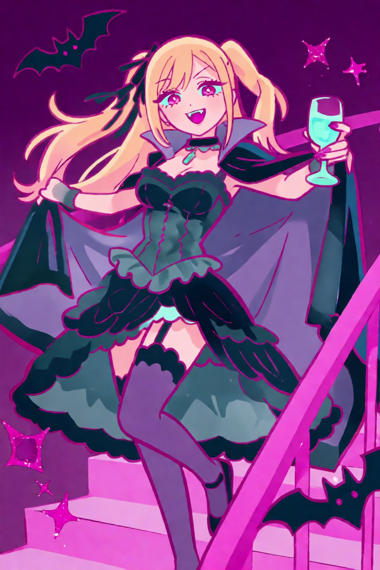 A dynamic,  full-body anime illustration of Marin Kitagawa dressed in a chaotic,  cute vampire cosplay on Tensor.Art