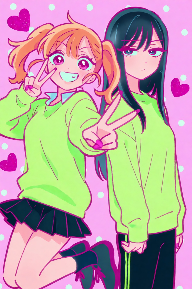 A dynamic,  dual-character anime illustration featuring two girls with contrasting personalities standing back-to-back,  r...