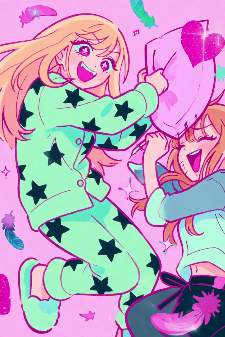 A dynamic,  dual-character anime illustration featuring Marin Kitagawa and a friend in the middle of a chaotic slumber par...