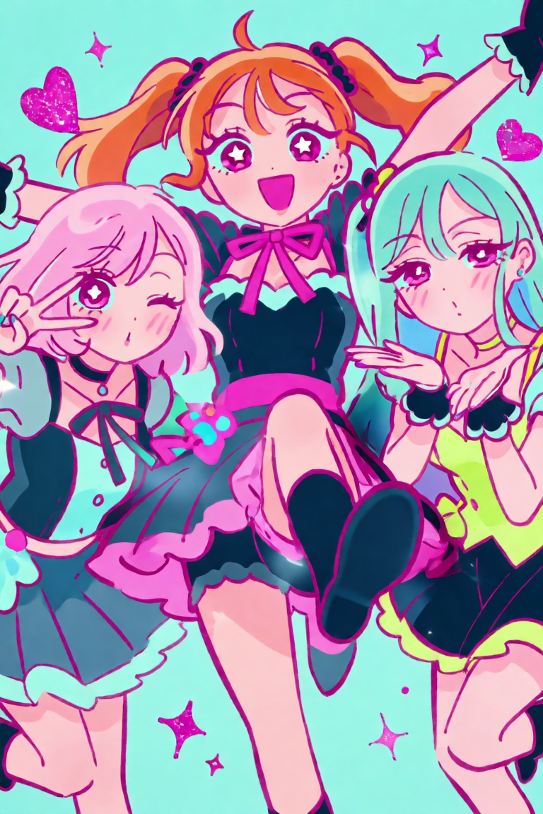 A dynamic,  trio-character anime illustration featuring three girls performing a highly synchronized,  high-energy dance r...