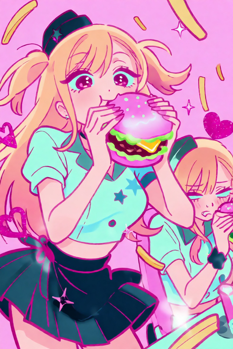 A dynamic,  dual-character anime illustration featuring Marin Kitagawa in a chaotic retro burger eating contest,  rendered...