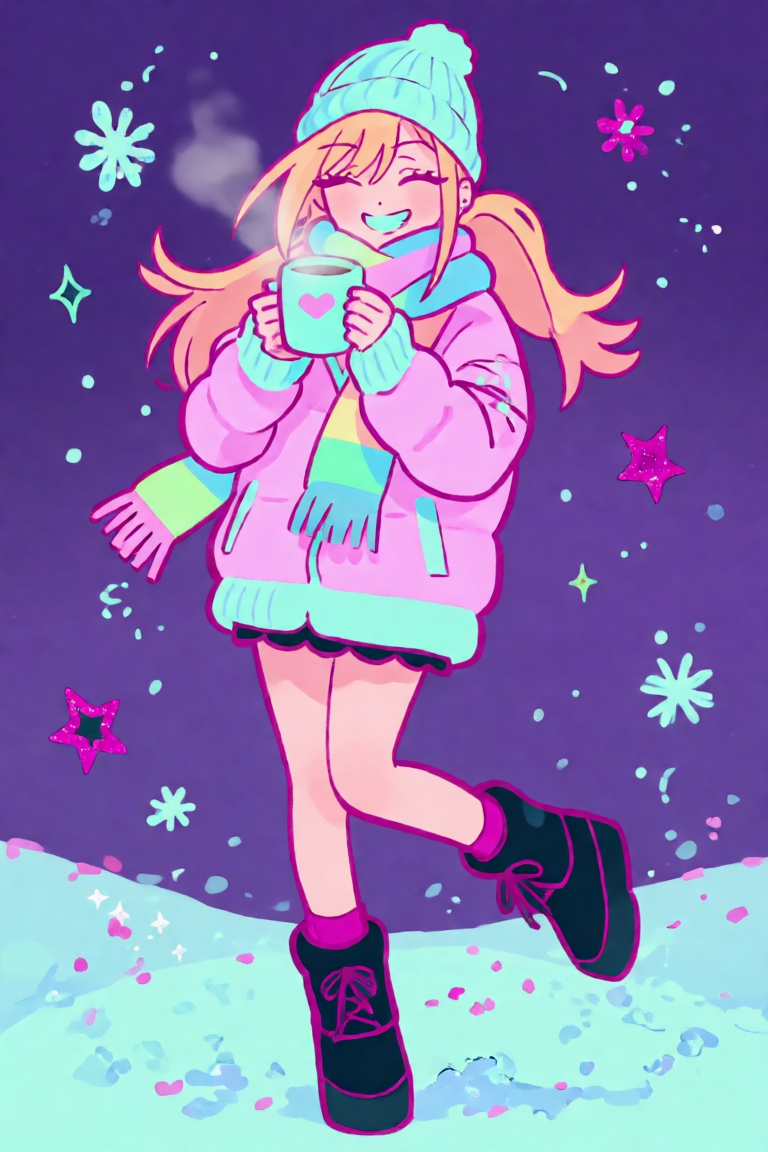 A dynamic,  full-body anime illustration of Marin Kitagawa experiencing a vibrant,  neon winter wonderland on Tensor.Art