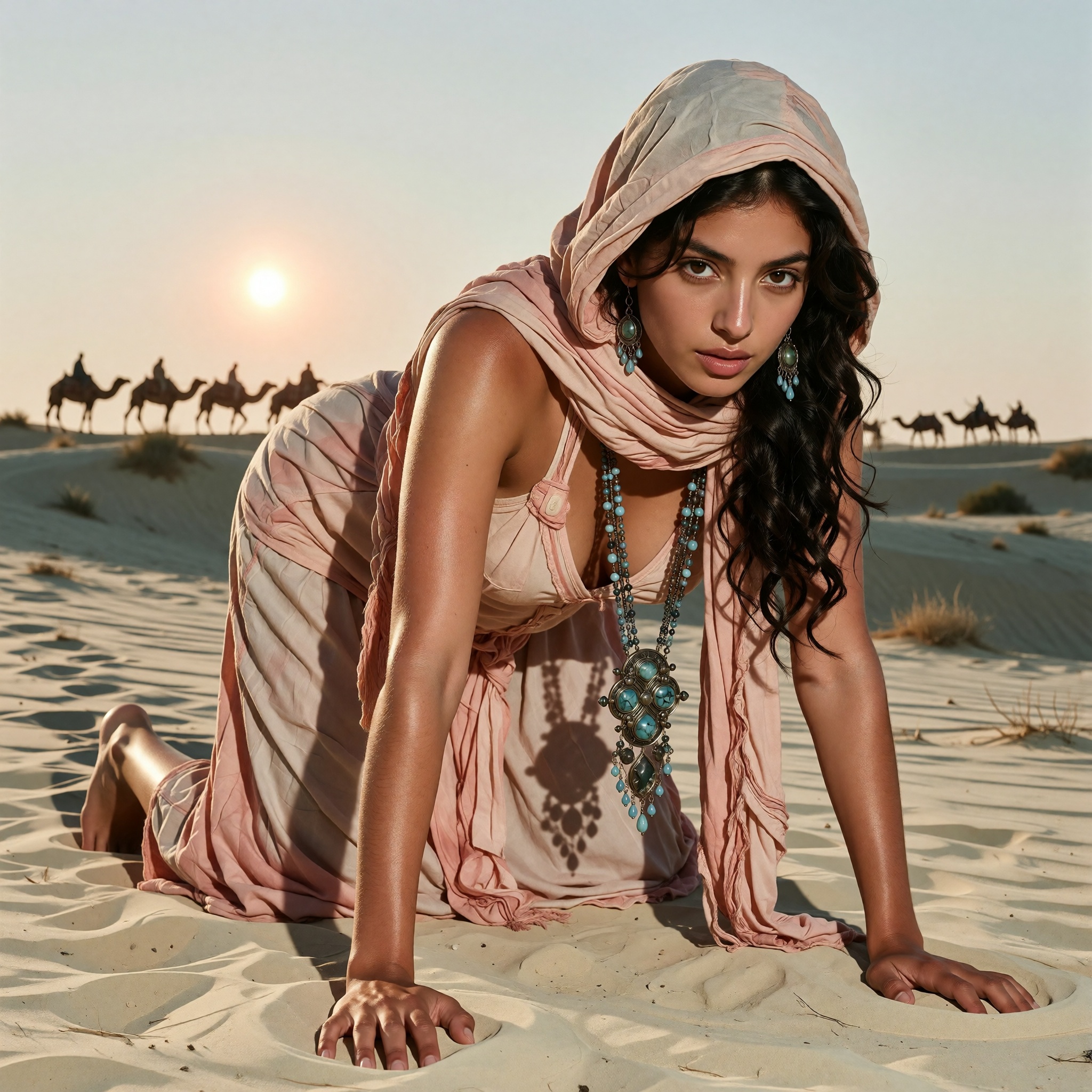 In a desert landscape of pale sand dunes under a clear,  light sky,  a woman with tan skin and dark on Tensor.Art