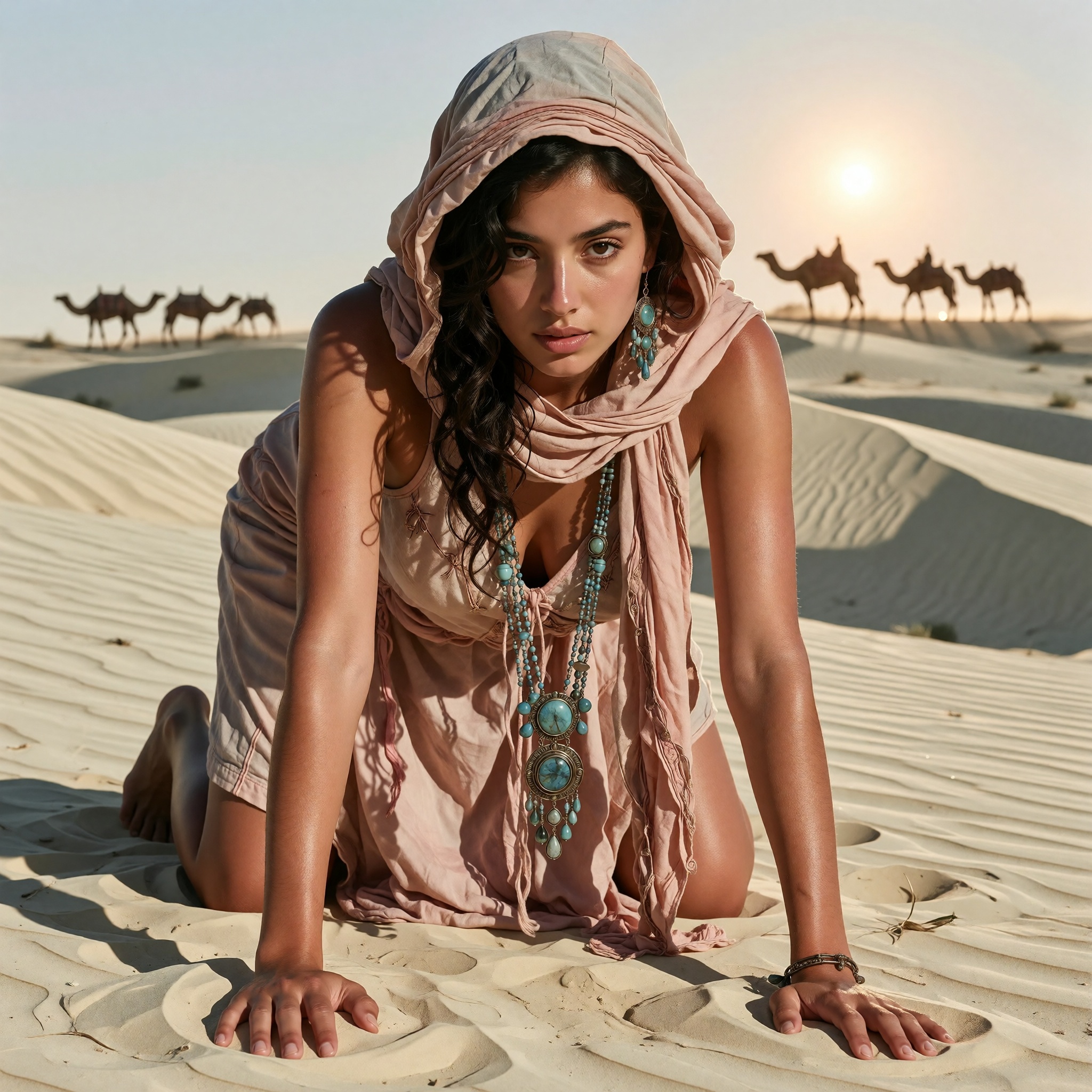 In a desert landscape of pale sand dunes under a clear,  light sky,  a woman with tan skin and dark on Tensor.Art