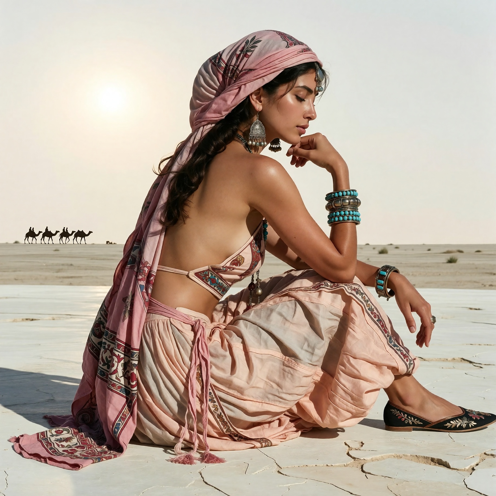 A woman sits in a side profile on a light-colored ground,  her eyes closed and chin resting on her hand in a serene pose....
