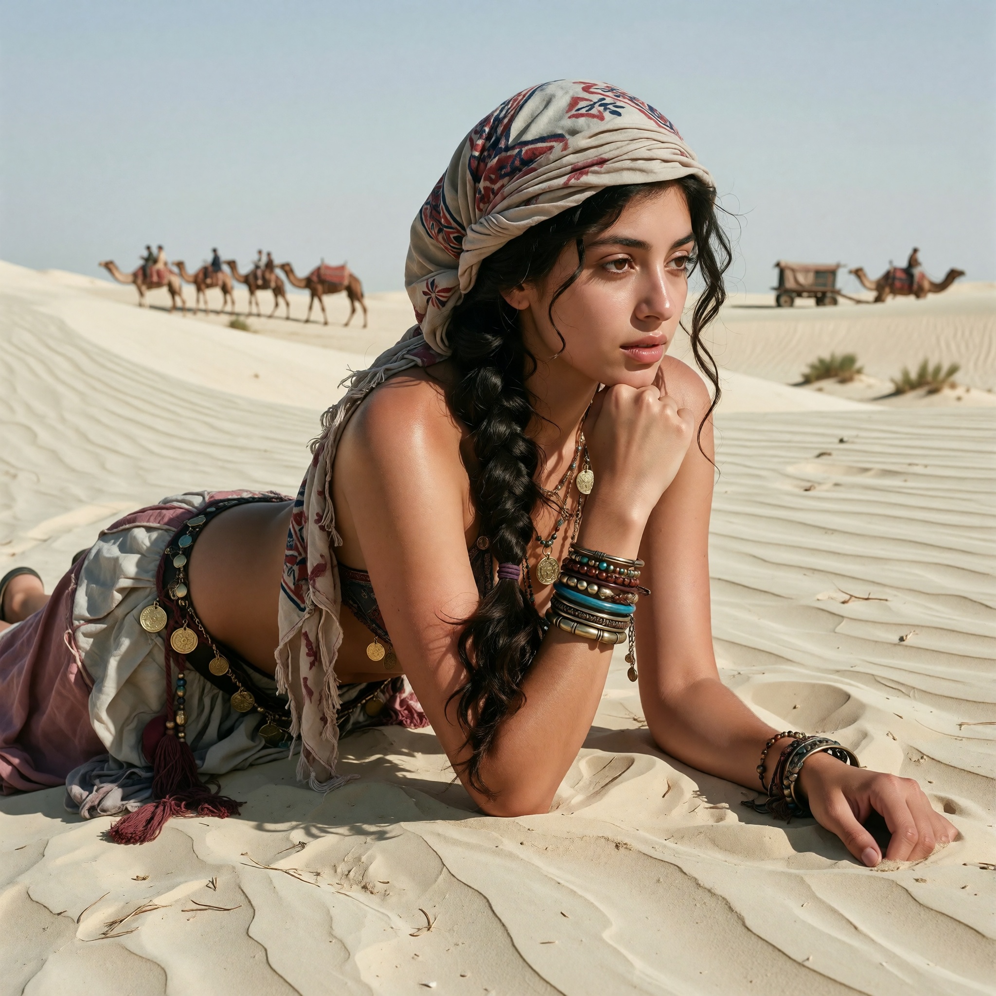 A young woman with long,  braided dark hair lies prostrate on a vast sand dune under a bright,  clear sky. She is dressed...