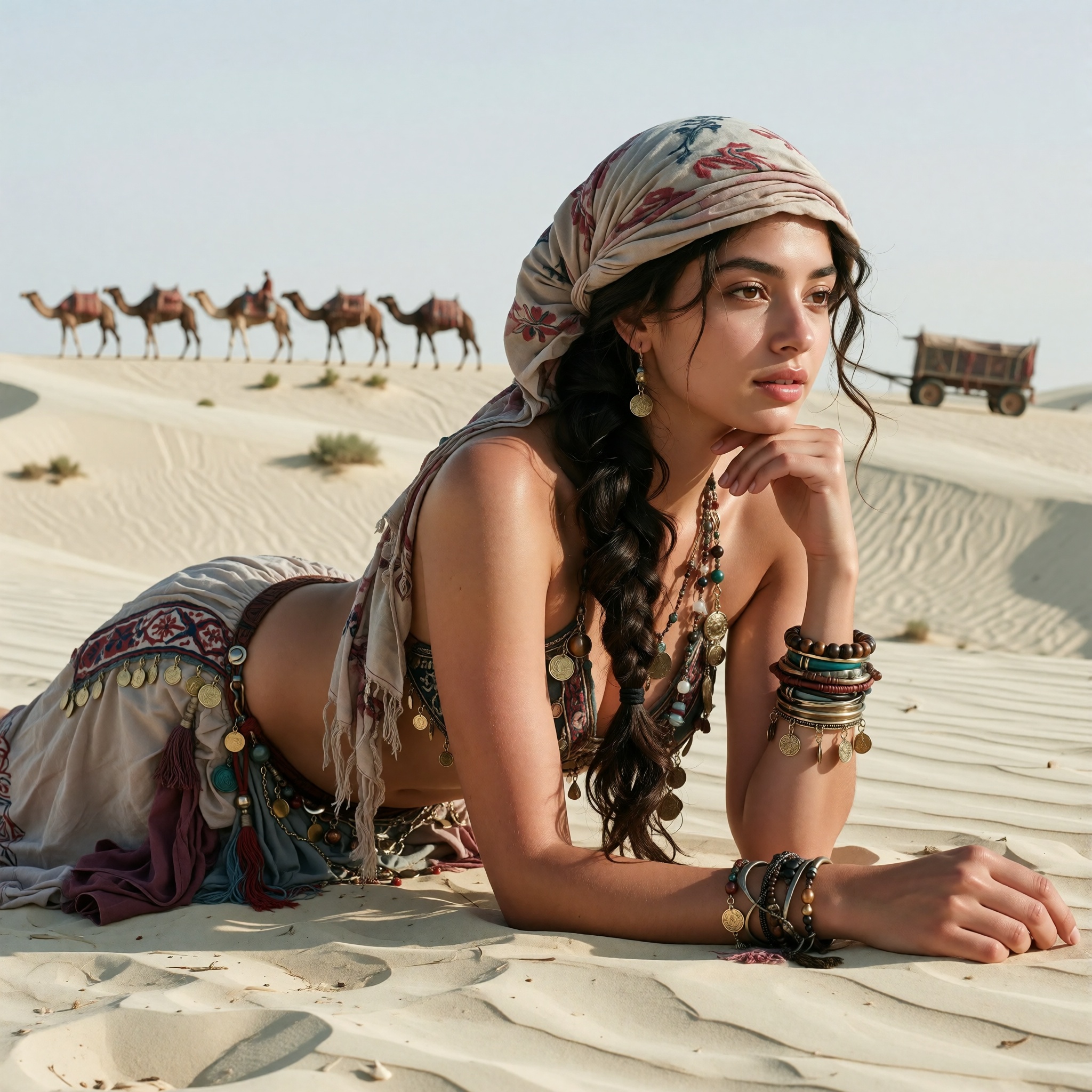 A young woman with long,  braided dark hair lies prostrate on a vast sand dune under a bright,  clear sky. She is dressed...