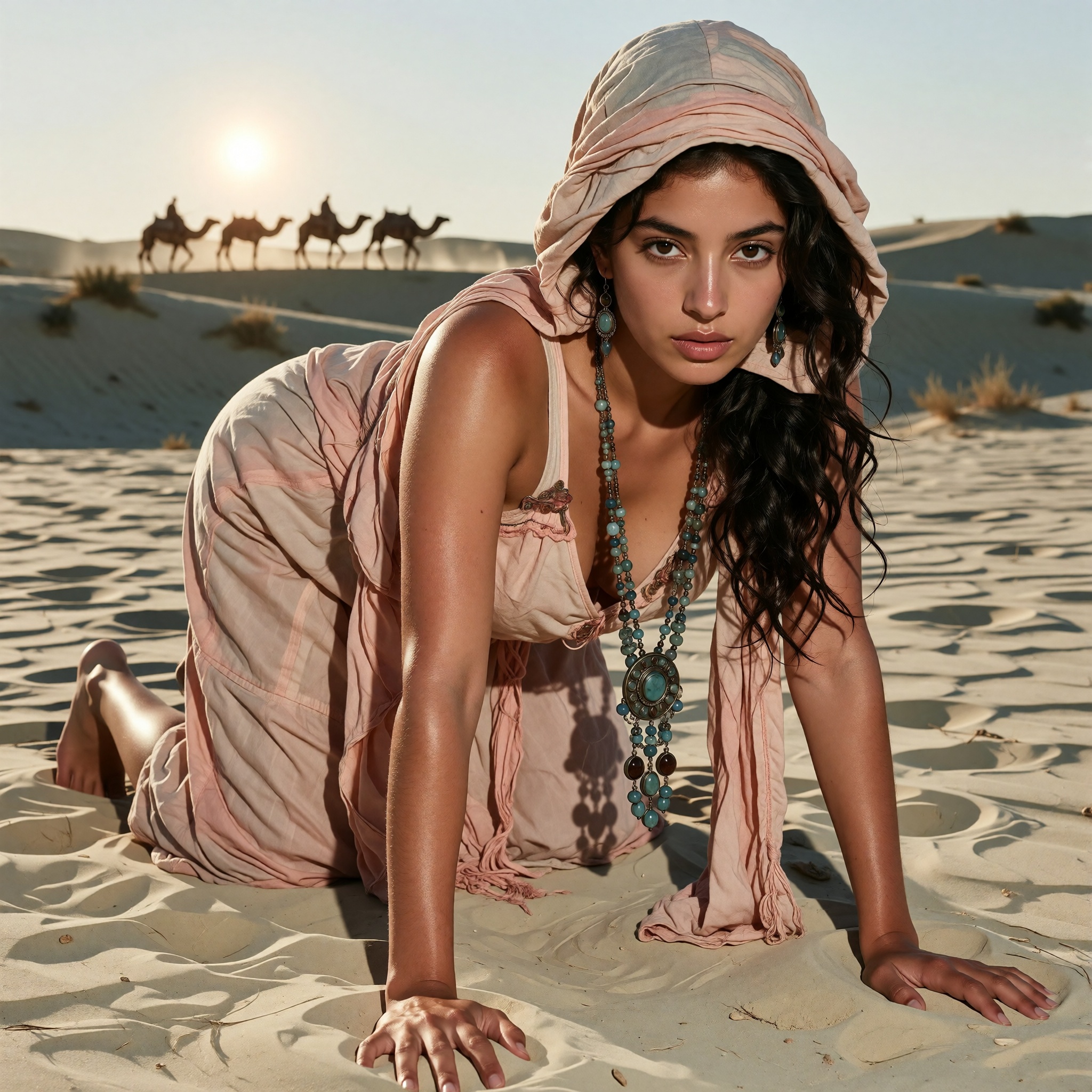 In a desert landscape of pale sand dunes under a clear,  light sky,  a woman with tan skin and dark on Tensor.Art