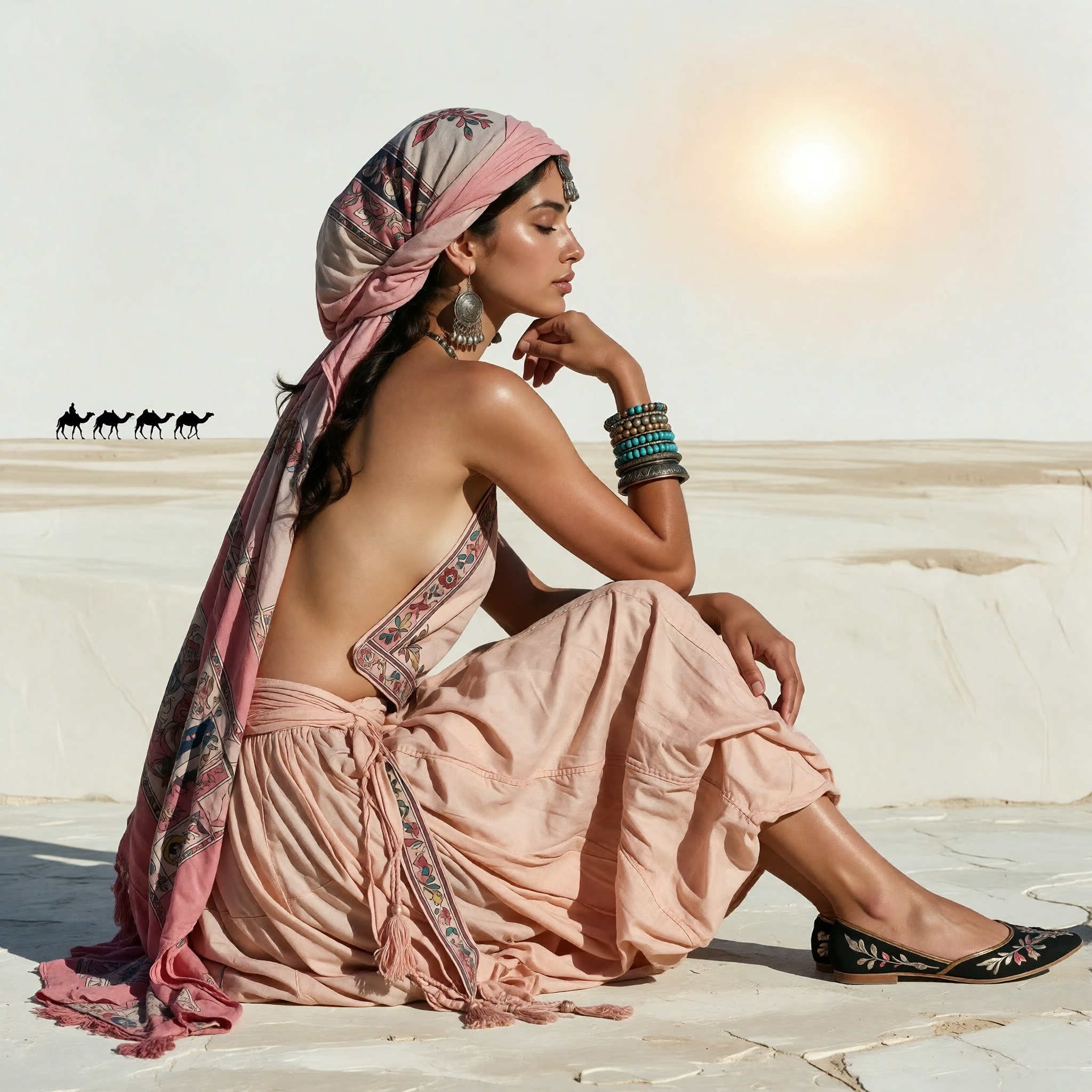 A woman sits in a side profile on a light-colored ground,  her eyes closed and chin resting on her hand in a serene pose....