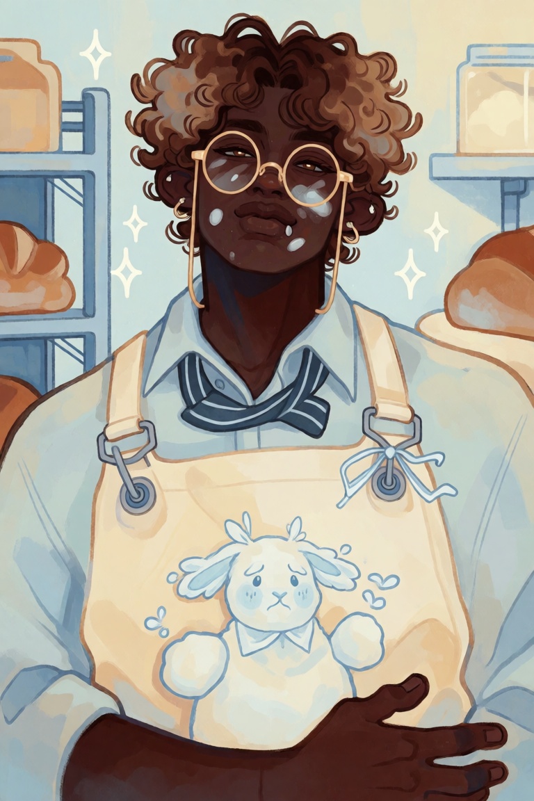illustration of a young Black man with warm dark brown skin and a gentle sleepy smile,  soft tapered curls with a tiny flo...