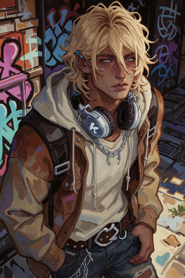 Create a pseudo-realistic image with stylized western elements of a young male with medium-length blonde hair and blue eye...