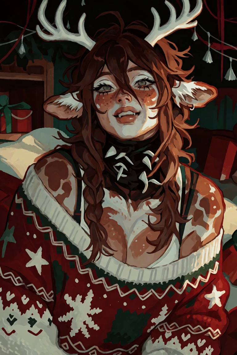 a portrait of a girl with reindeer ears,  reindeer antlers. She's a lovely half-human,  half-reindeer mature female. She i...