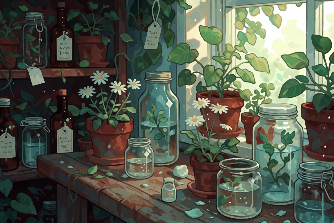 The image depicts a serene indoor garden or greenhouse setting. The foreground features a wooden table cluttered with vari...