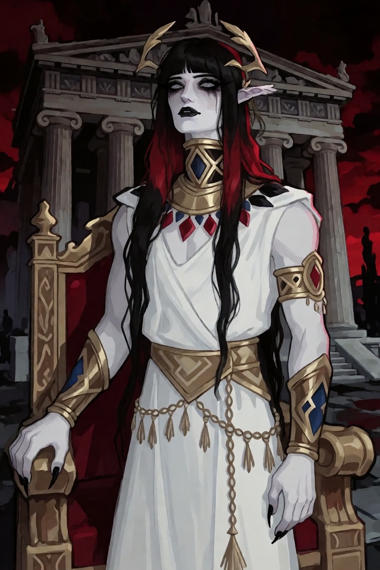 Create a scene where a mature male,  focusing on his crossdressing appearance,  stands calmly in an ancient Greek temple b...