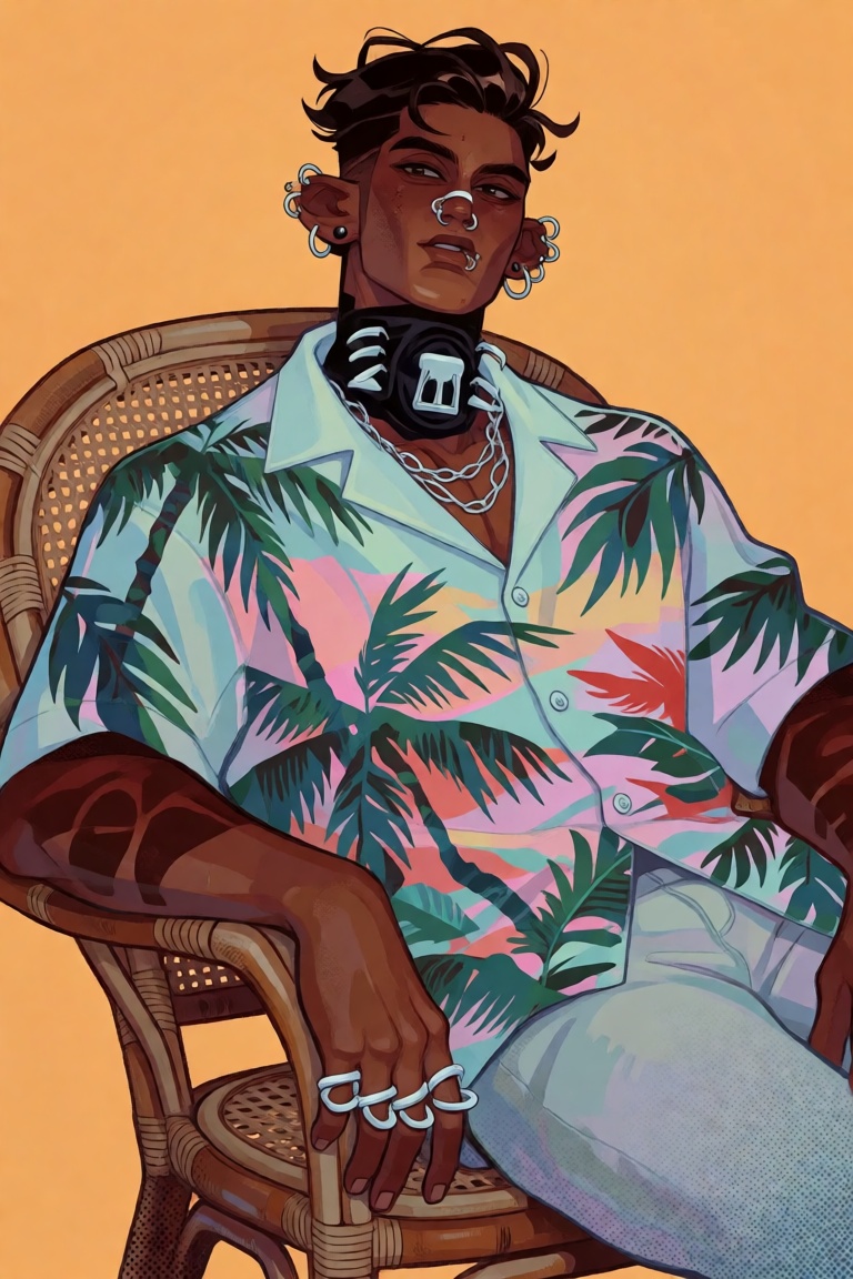 stylized editorial illustration of a Filipino man with warm caramel-brown skin,  a sharp undercut with a glossy black quif...