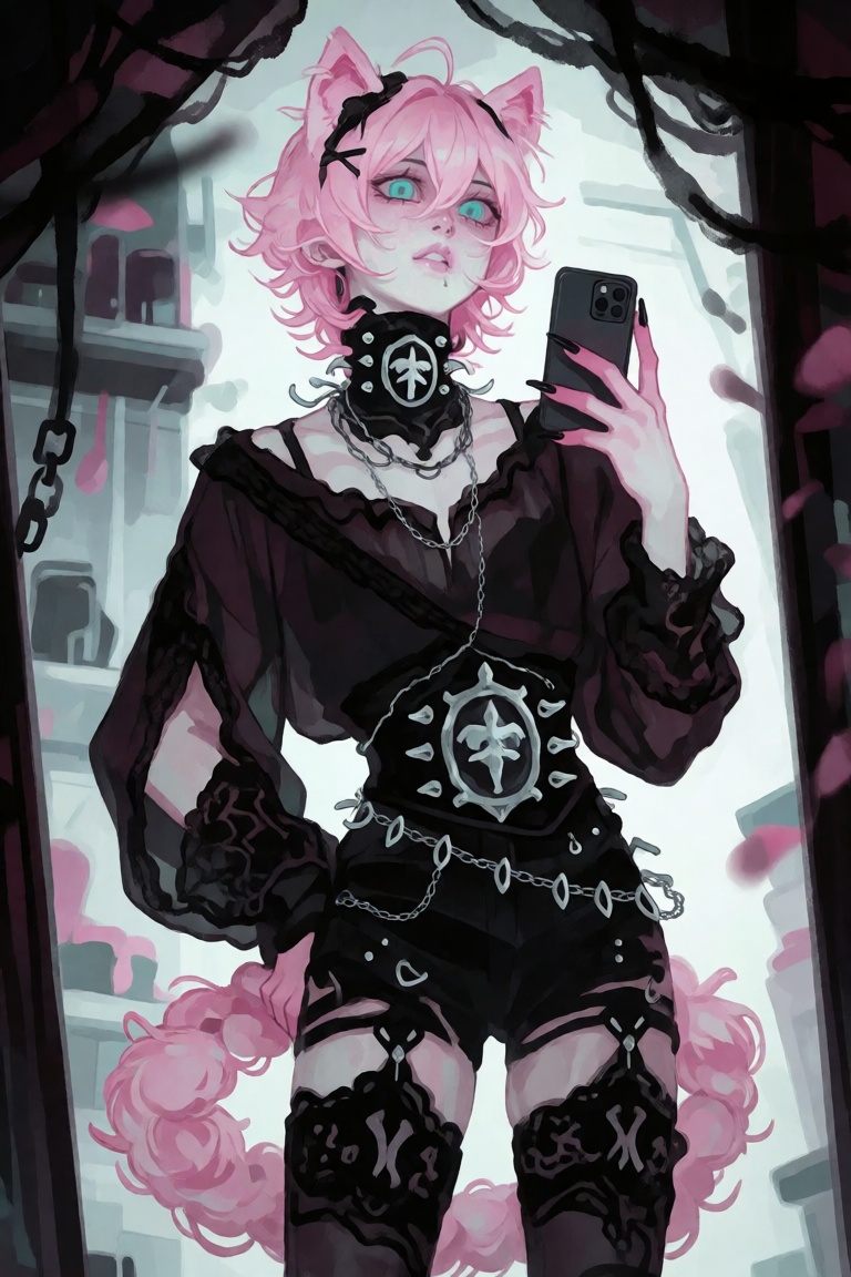 A young boy with short pink hair and striking blue eyes stands in front of a mirror,  holding a phone in one hand. He has...
