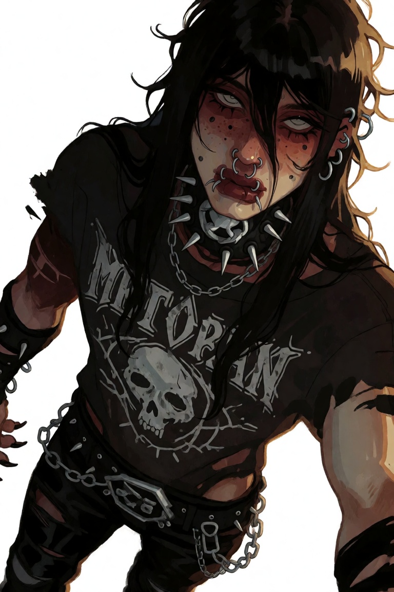 a gorgeous male,  with long black hair. he's a metalhead. wears a worn black metal band t-shirt from the 80s. his pants ar...