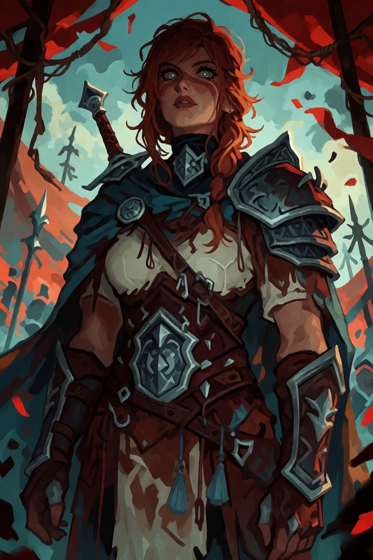 Create a medium portrait of a tall,  well-built warrior woman in her late twenties,  with medium-length auburn hair and st...