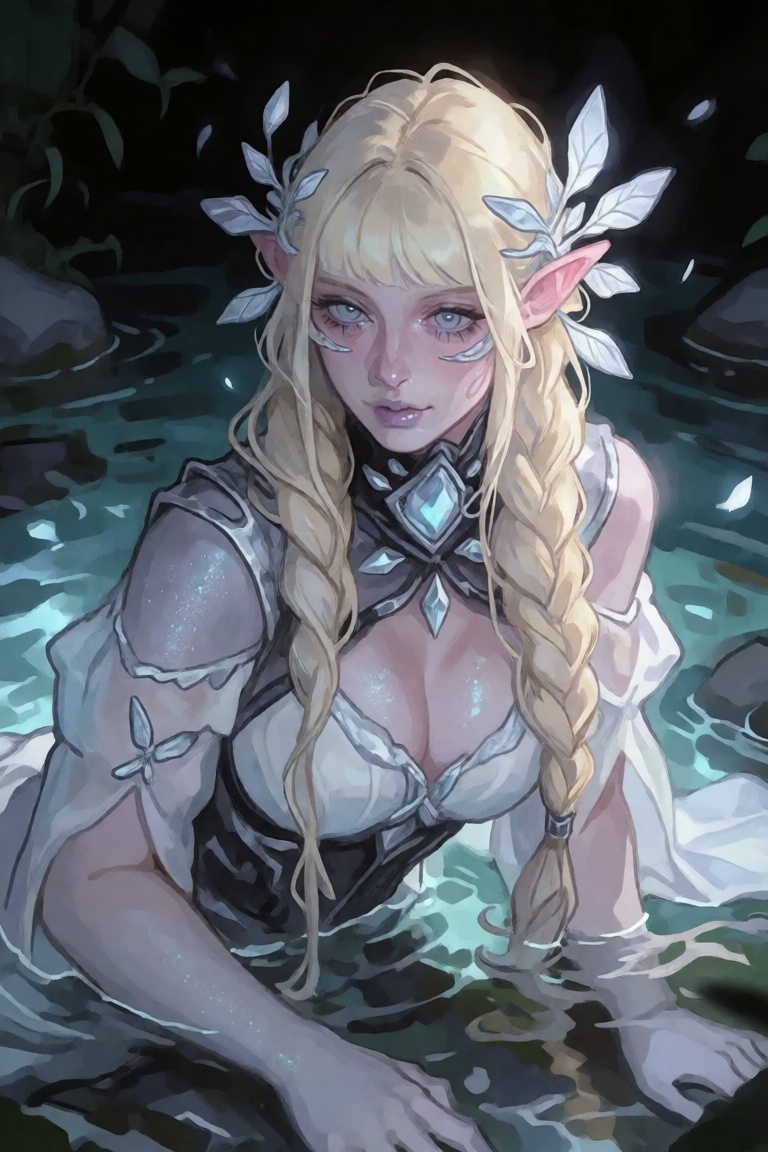 This is a highly detailed image of a gorgeous fairy woman with long blond braided hair,  glowing softly under silvery moon...