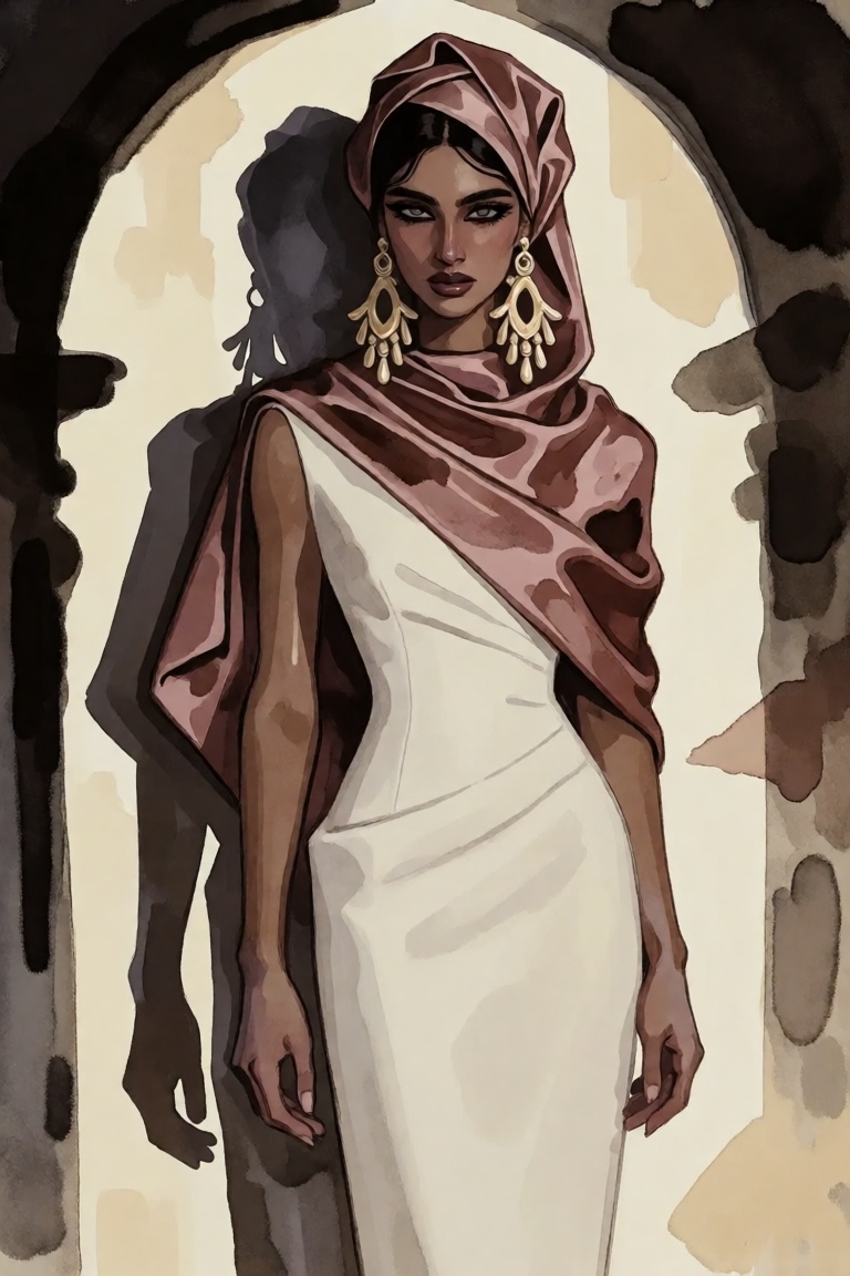 stylized editorial fashion illustration of an Arab woman with olive-brown skin,  strong arched brows,  kohl-rimmed eyes on...