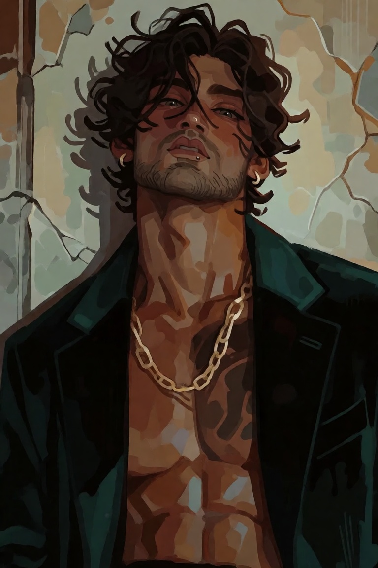 stylized editorial illustration of a Latino man with golden-tan skin,  tousled dark wavy hair,  light stubble on Tensor.Art