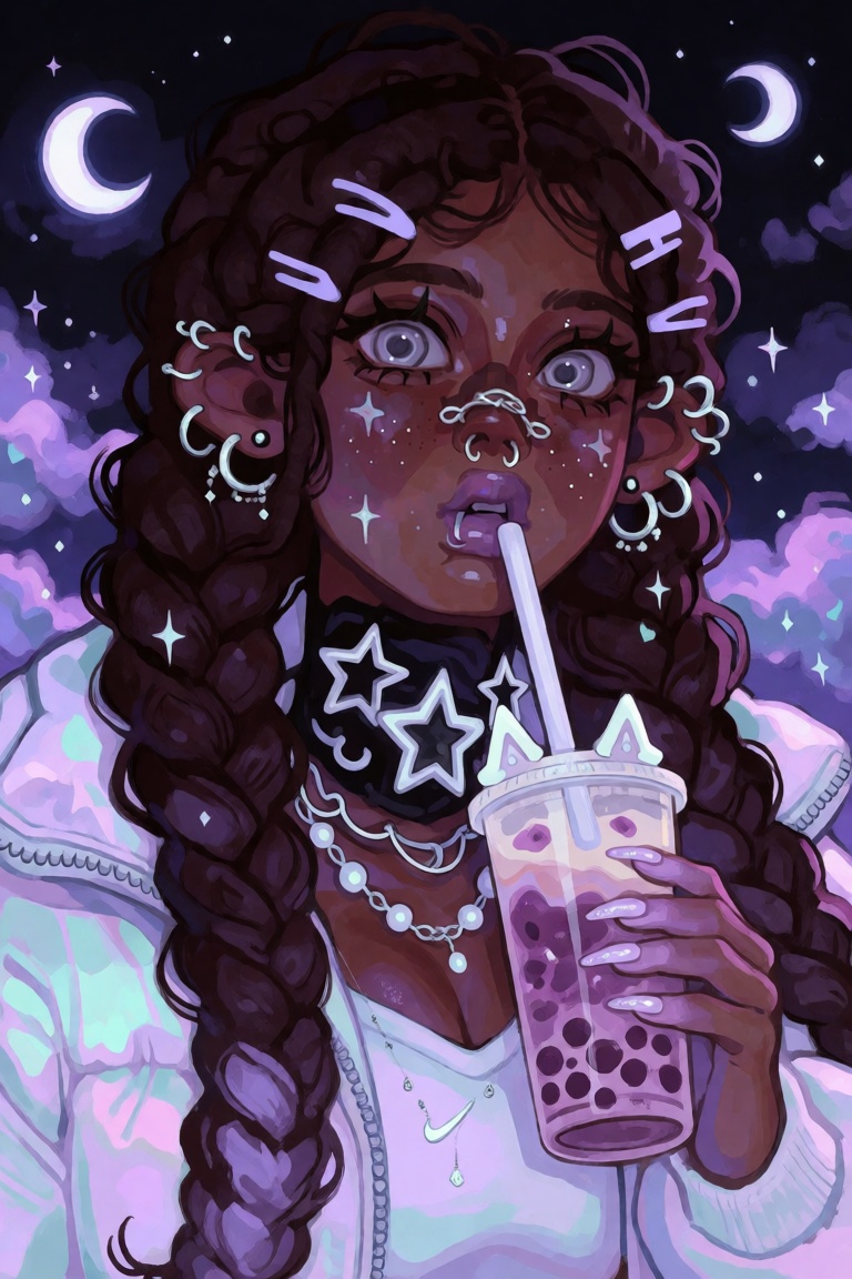illustration of a young Black woman with rich espresso skin,  long glossy box braids with lavender and silver star clips,...