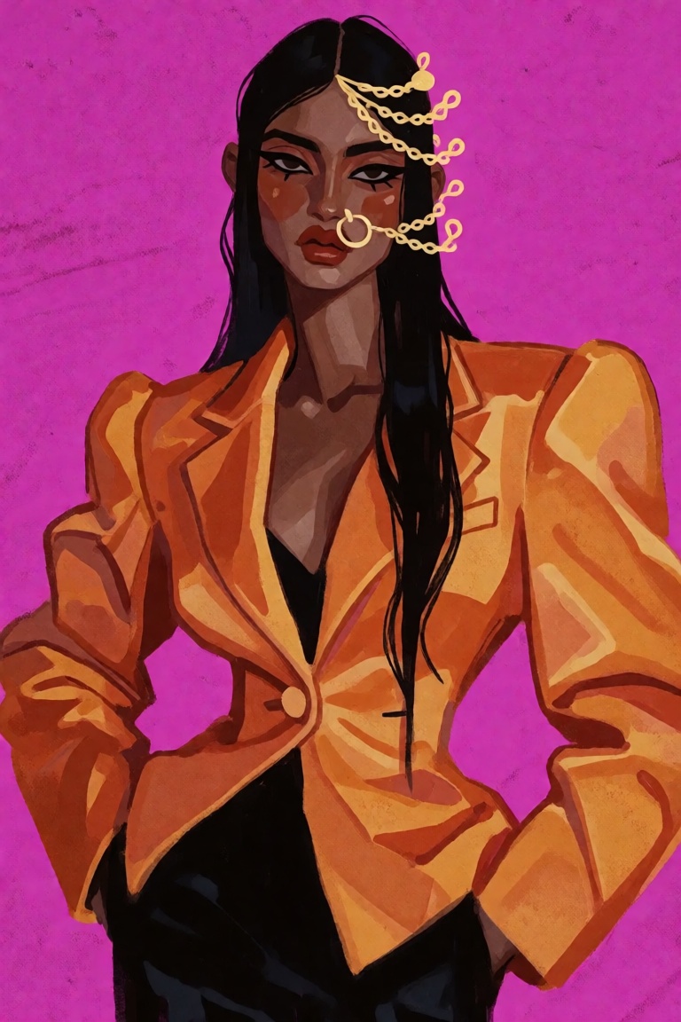 stylized editorial fashion illustration of a South Asian woman with warm brown skin,  sleek waist-length black hair with a...