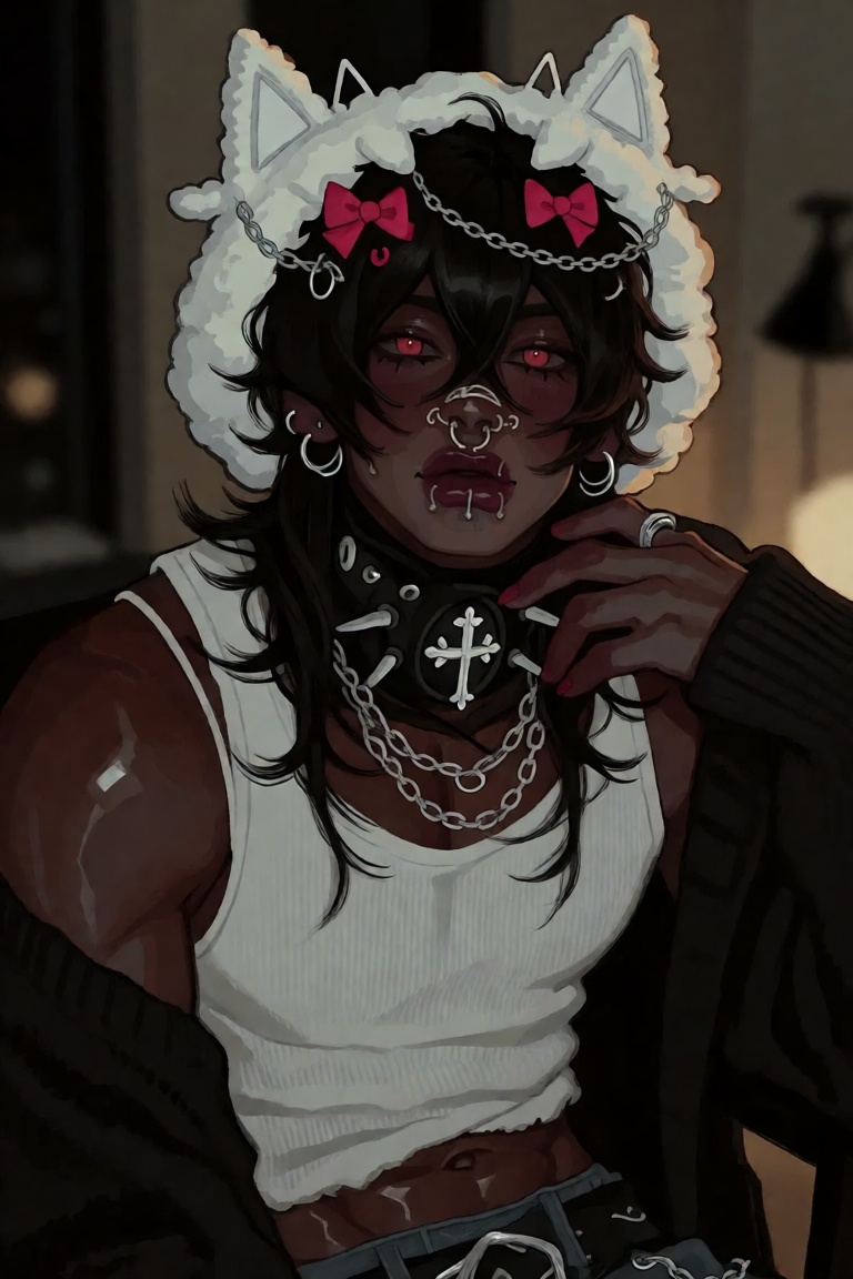 high-detail portrait of a black-asian male with a muscular body and cool-toned dark brown skin,  pink eyes,  and black hai...