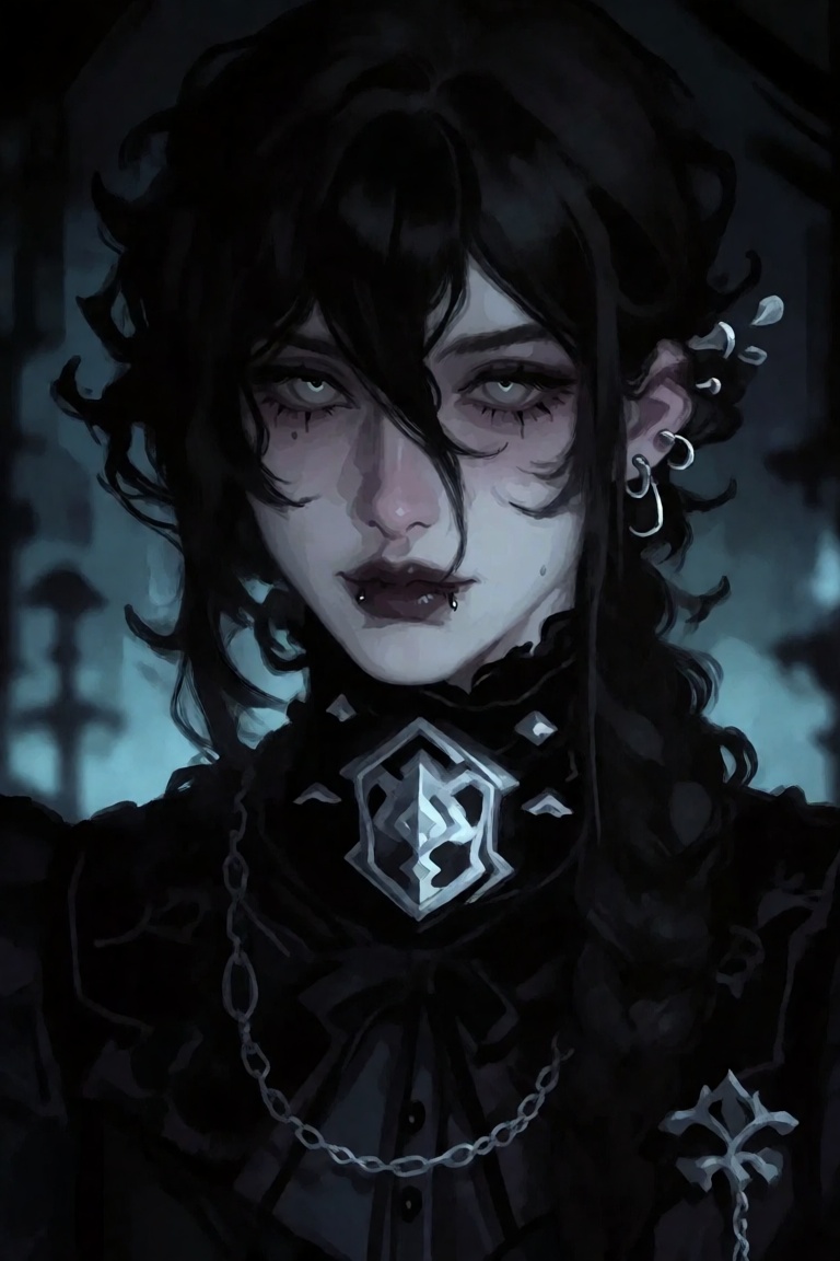Create a half-body portrait of a pretty boy in a dark gothic setting,  emphasizing his pale elegant beauty and delicate ma...