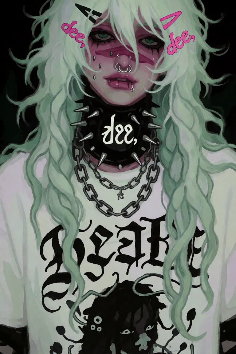 Create an image that captures a person with long,  wavy,  light green hair. They are wearing a white t-shirt adorned with...