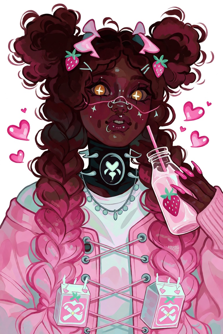 illustration of a young Black woman with deep brown skin and rosy blushing cheeks,  voluminous afro puffs tied with pink s...