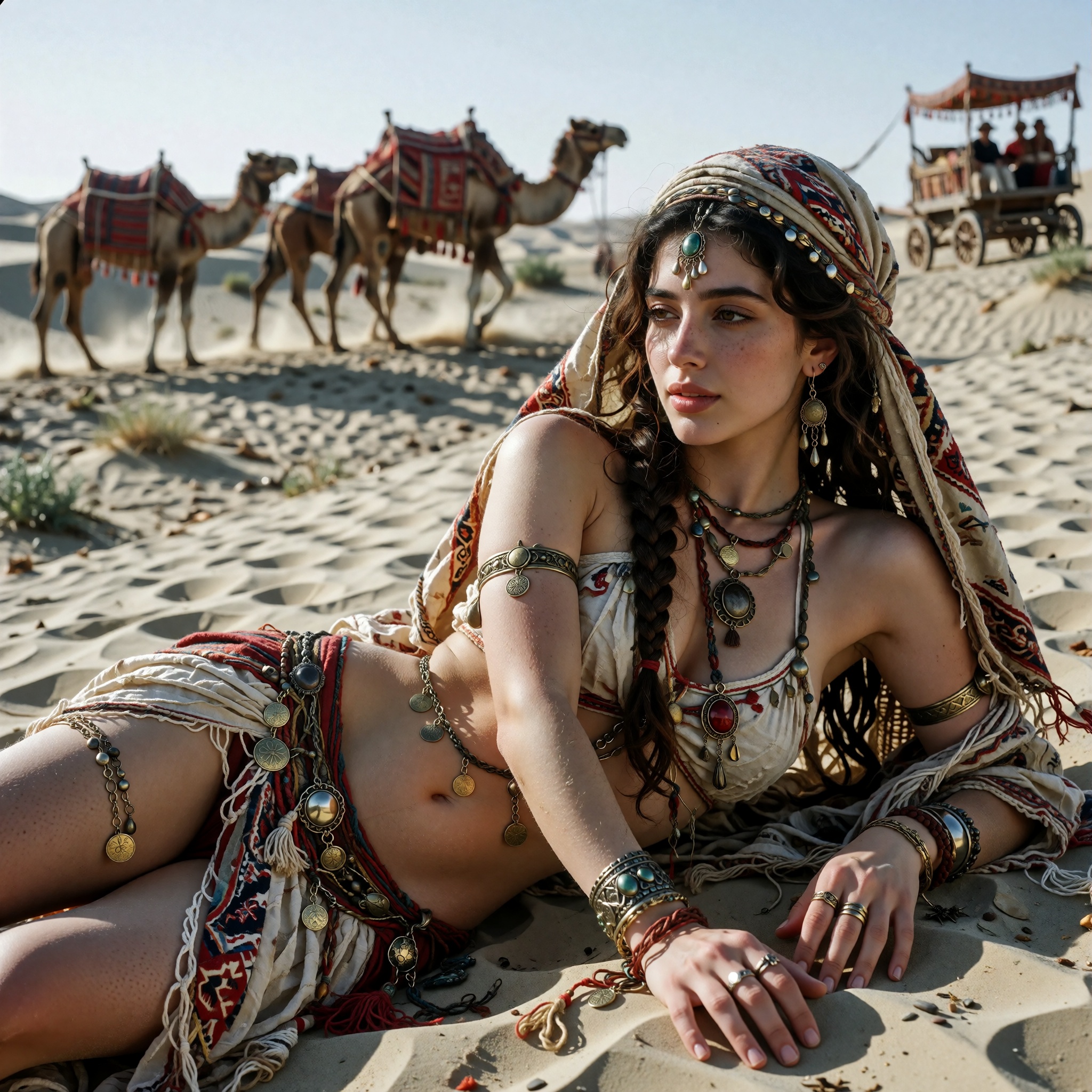 A young woman with long,  braided dark hair lies prostrate on a vast sand dune under a bright,  clear sky. She is dressed...