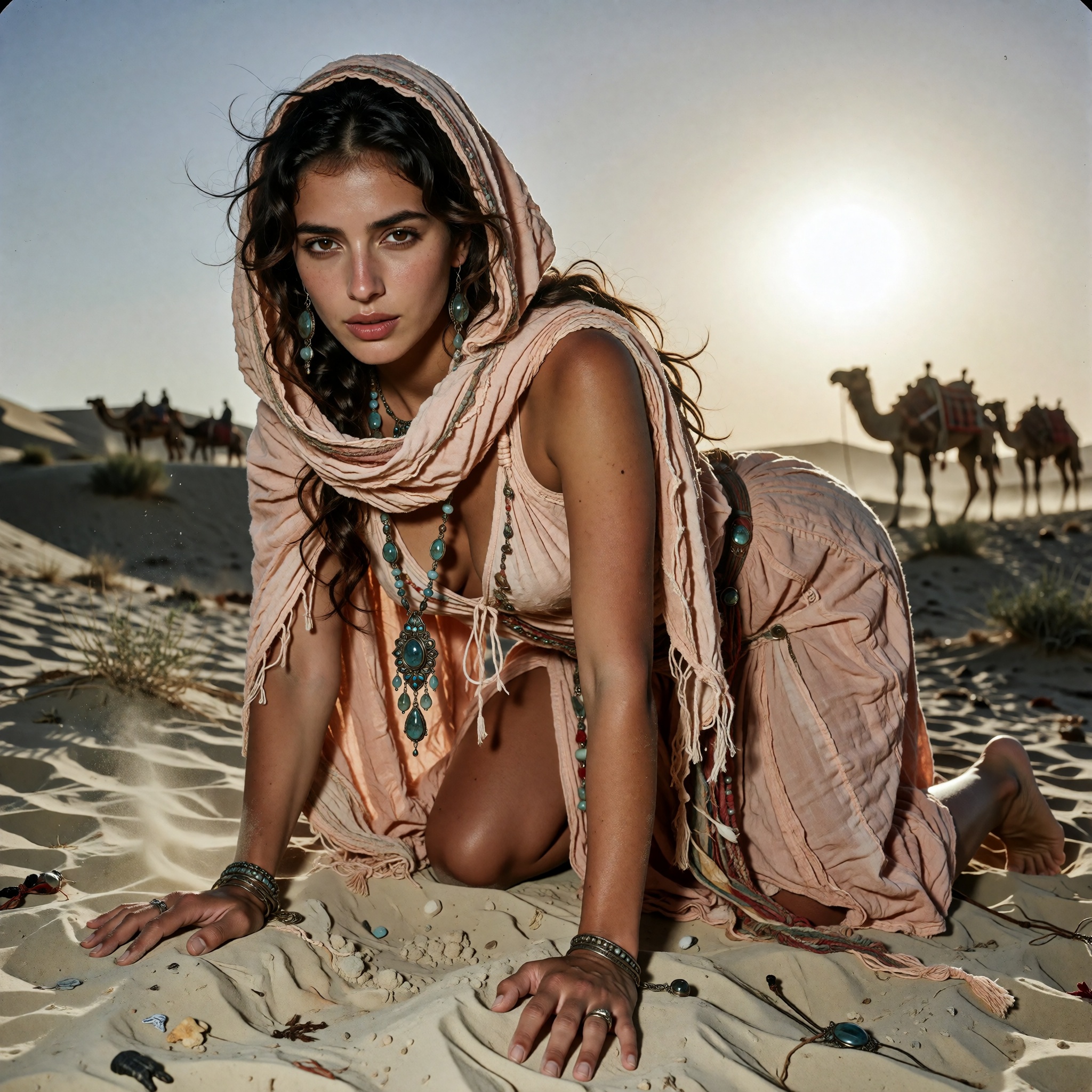 In a desert landscape of pale sand dunes under a clear,  light sky,  a woman with tan skin and dark on Tensor.Art