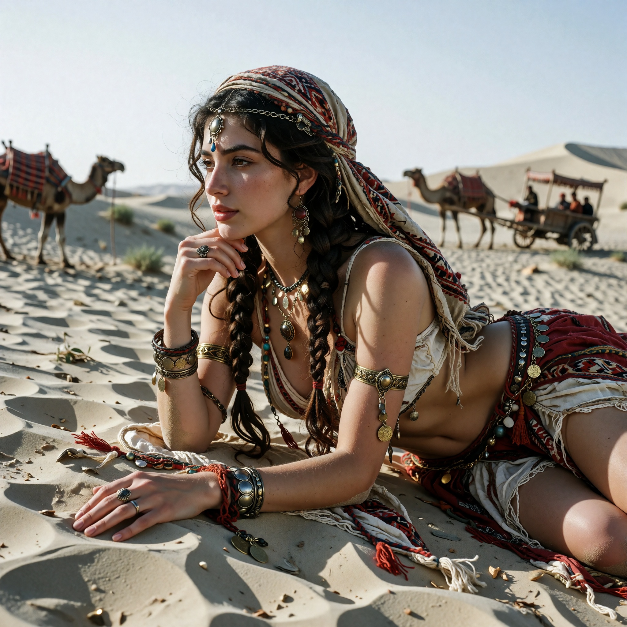 A young woman with long,  braided dark hair lies prostrate on a vast sand dune under a bright,  clear sky. She is dressed...