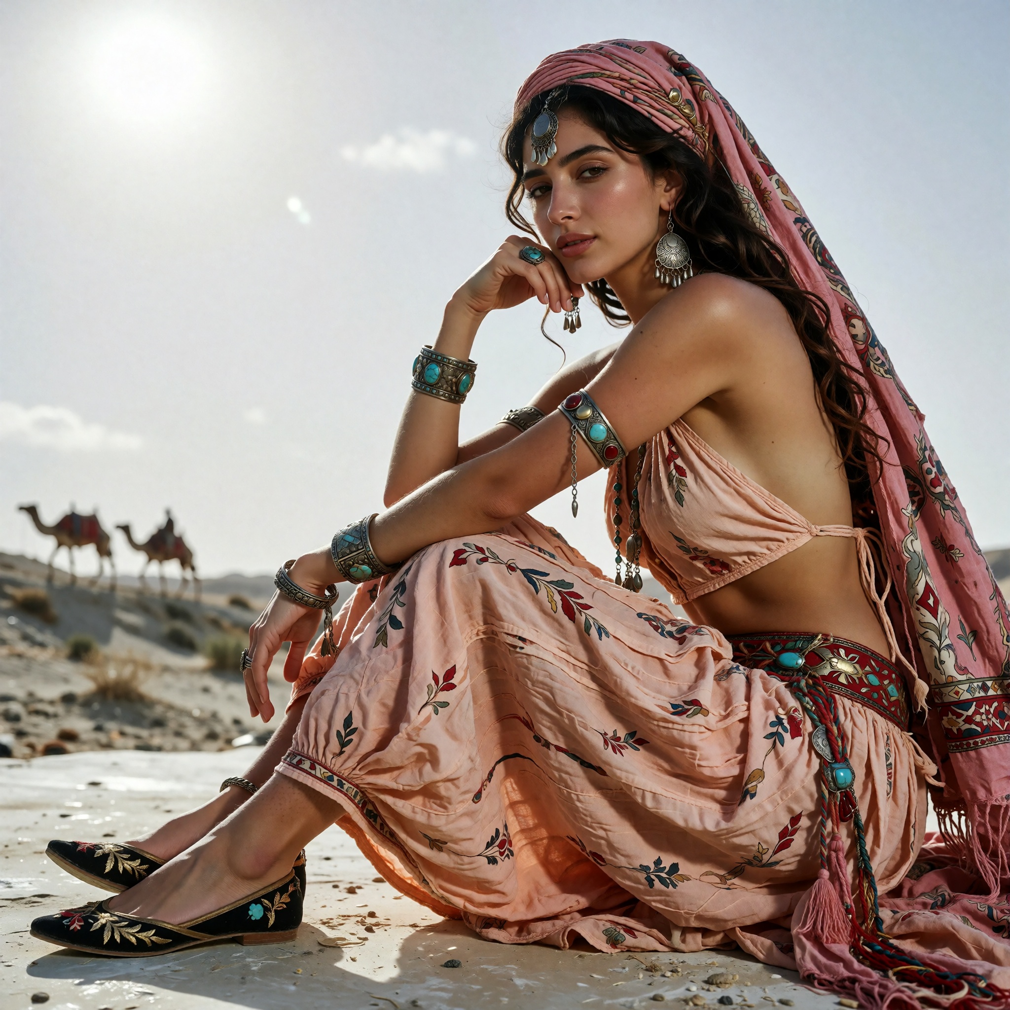 A woman sits in a side profile on a light-colored ground,  looking directly at the viewer with her eyes open,  chin restin...