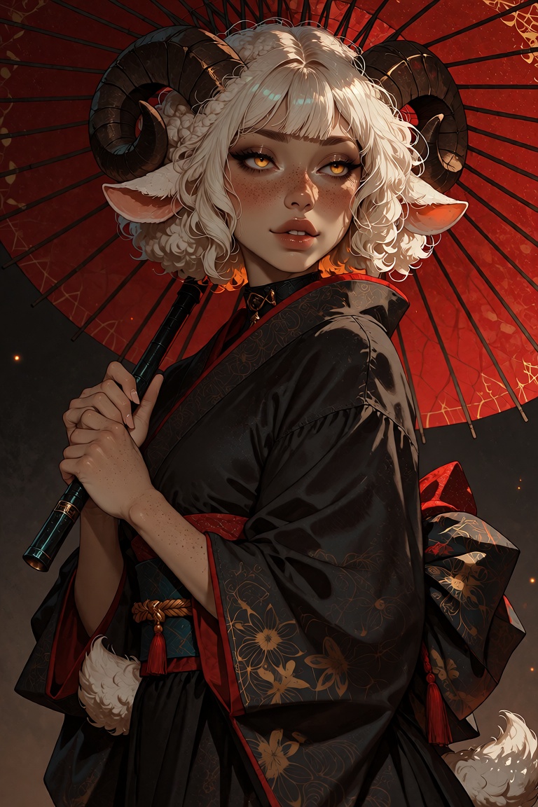 @Ophelia,  a dark tan skinned anthro sheep girl with large alluring golden eyes. Her high-contrast sunTanlines skin is cov...