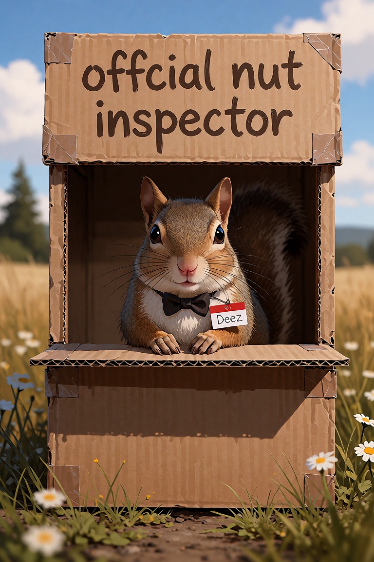 A squirrel inside a child made tiny roadside stand made from cardboard and tape with the words "offcial nut inspector" on...