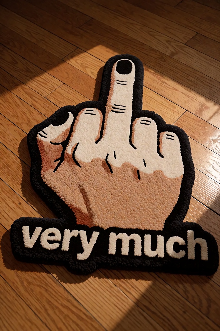 a fluffy carpet mat that represent a middle finger gesture on a hardwood floor. the words "very much" underneath the gestu...