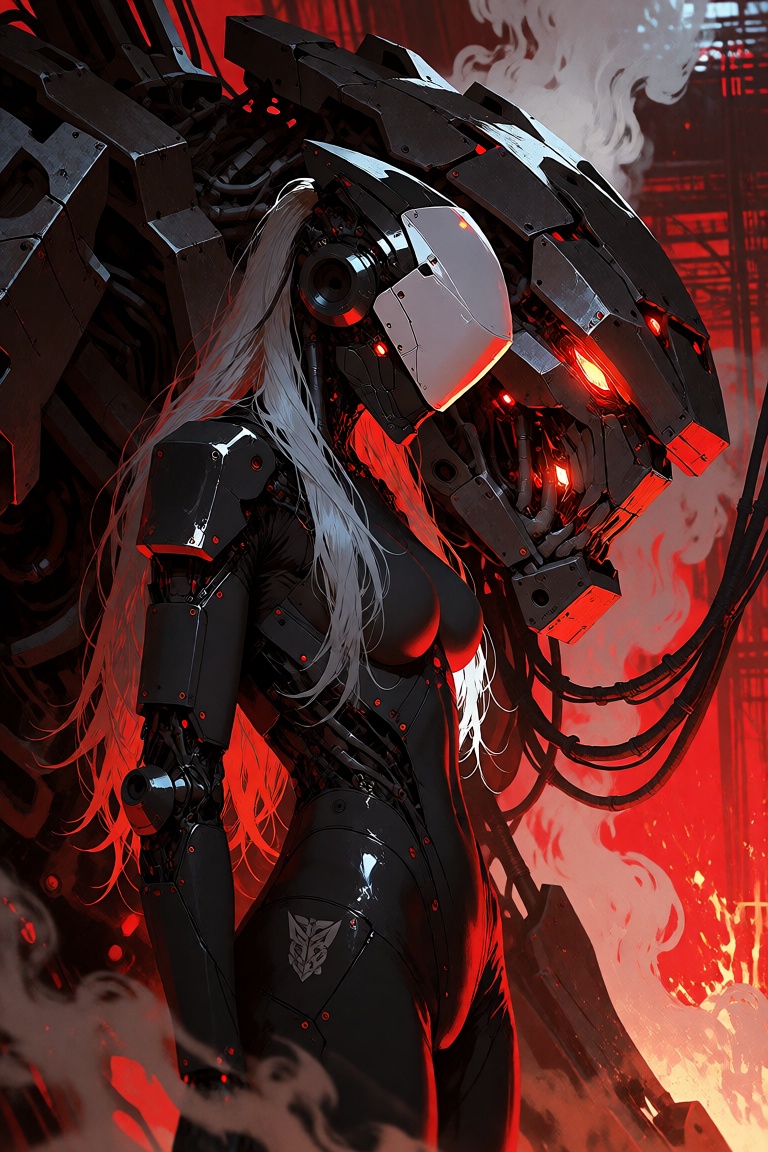 Photograph of a sleek,  cybernetic woman standing in a profile view next to a massive,  monstrous mechanical exoskeleton i...