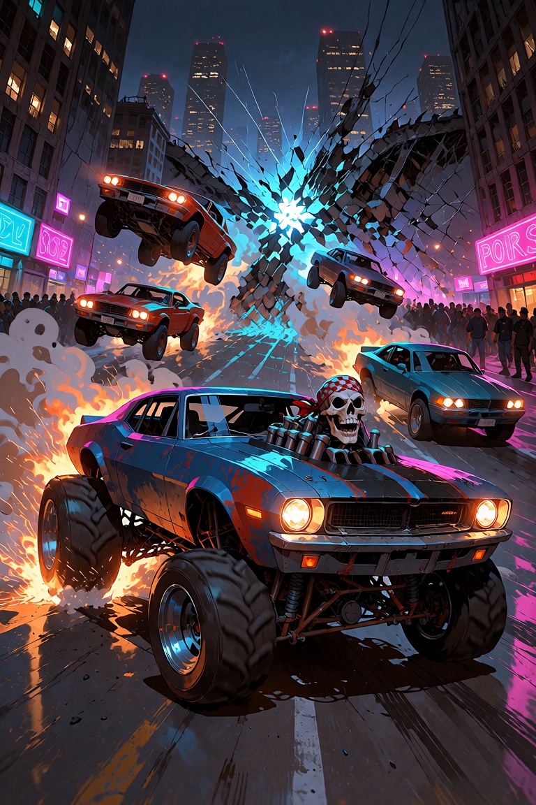 A chaotic cityscape bathed in the neon glow of streetlights is torn apart by a wild street race,  cars launching off ramps...