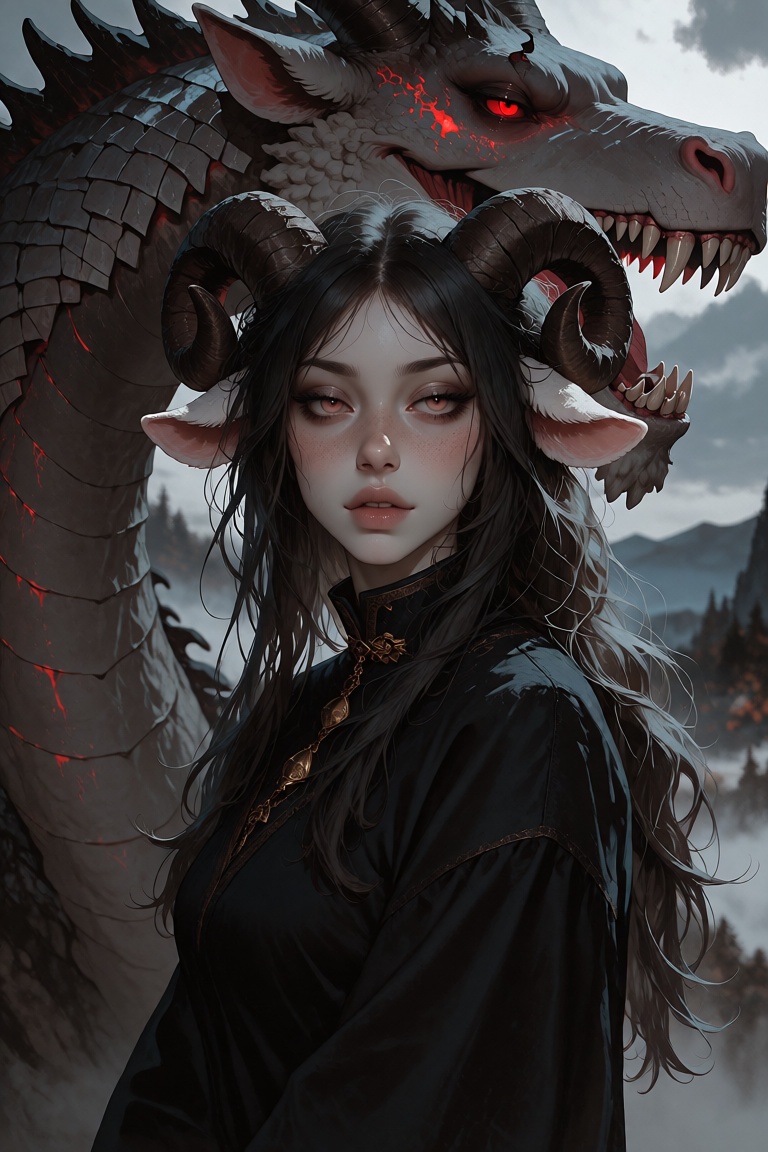 a anthro sheep woman with long,  straight black hair and sheep ears,  suggesting an sheep girl or mythical character with...