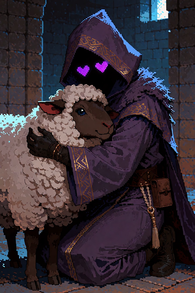 (pixel_art),  dark hooded digital face,  glowing pixel heart eyes only on Tensor.Art