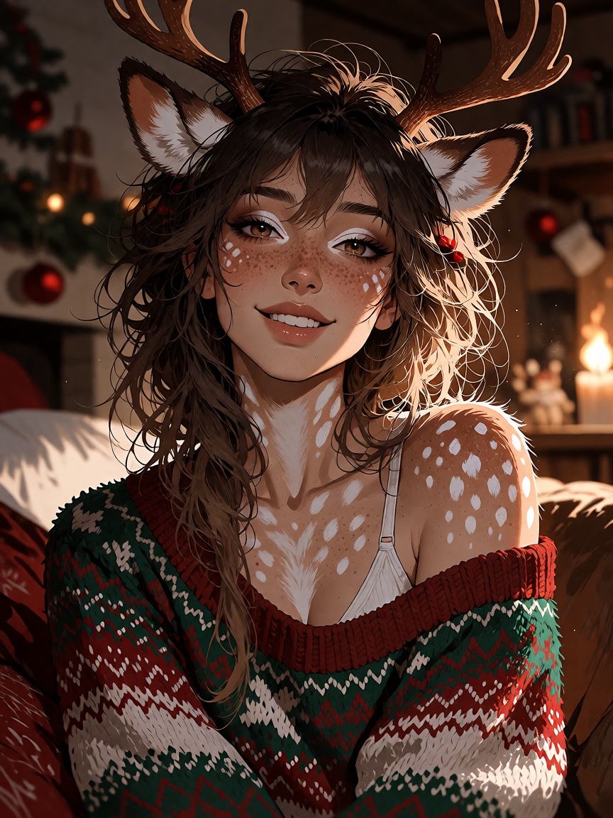 a portrait of a girl with reindeer ears,  reindeer antlers. She's a lovely half-human,  half-reindeer mature female. She i...