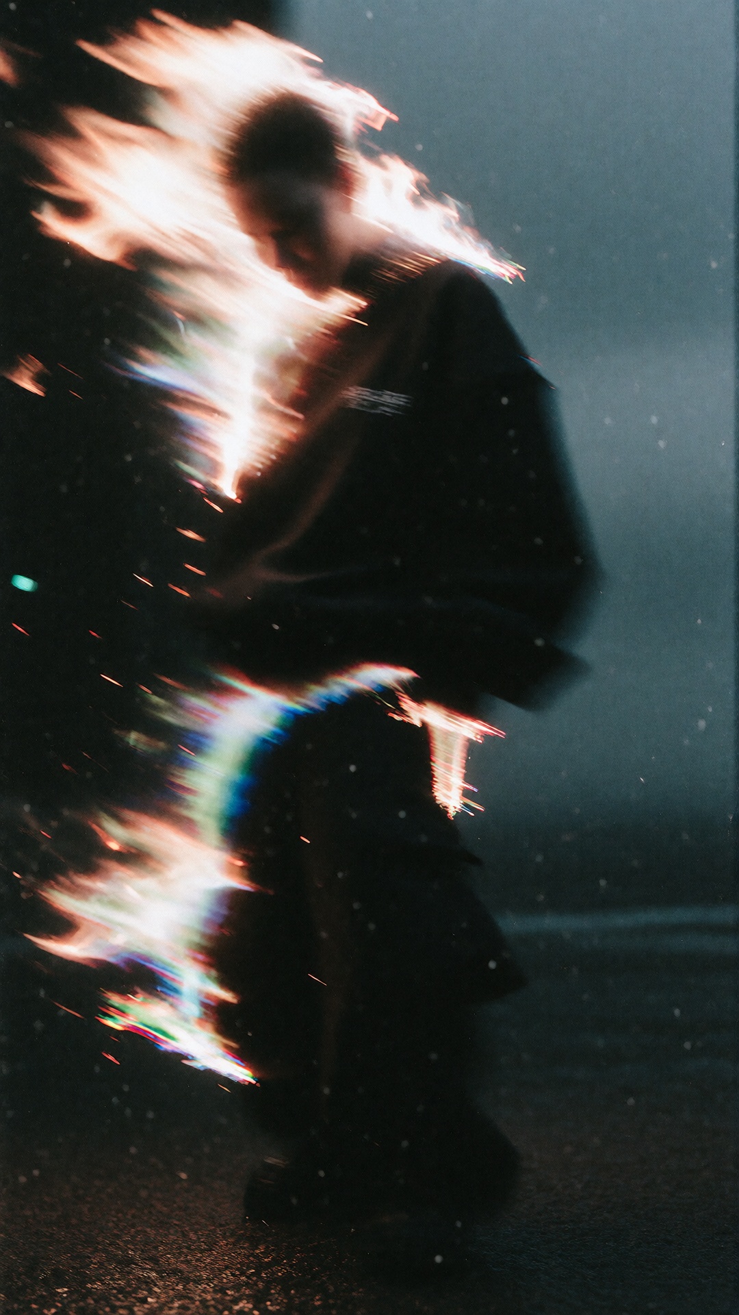 Woman with flames for hair ,  skeleton for a body,  wearing baggy plain unbranded street wear chromatic aberrations bleed...